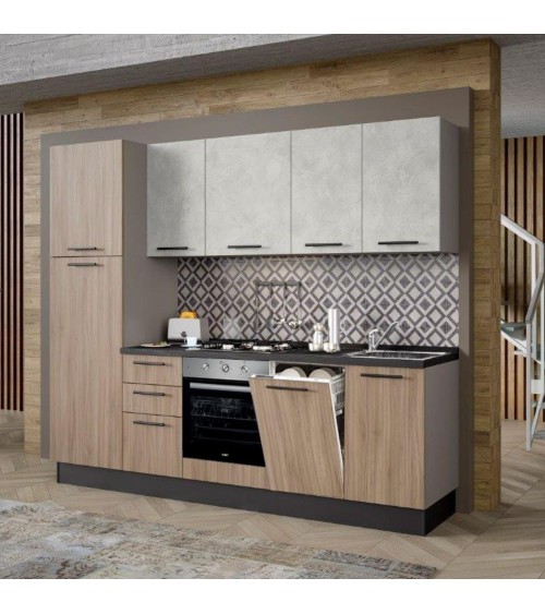 Cucina Licola 255x216H reversibile colore noce chiaro e pensili spatolato con lavastoviglie