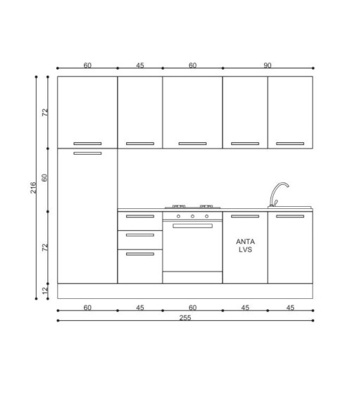 Cucina Licola 255x216H reversibile colore noce chiaro e pensili spatolato con lavastoviglie