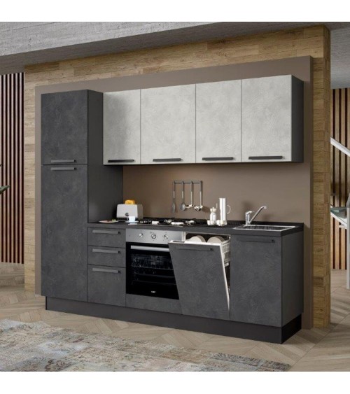 Cucina Licola 255x216 H reversibile colore iron e pensili spatolato con lavastoviglie