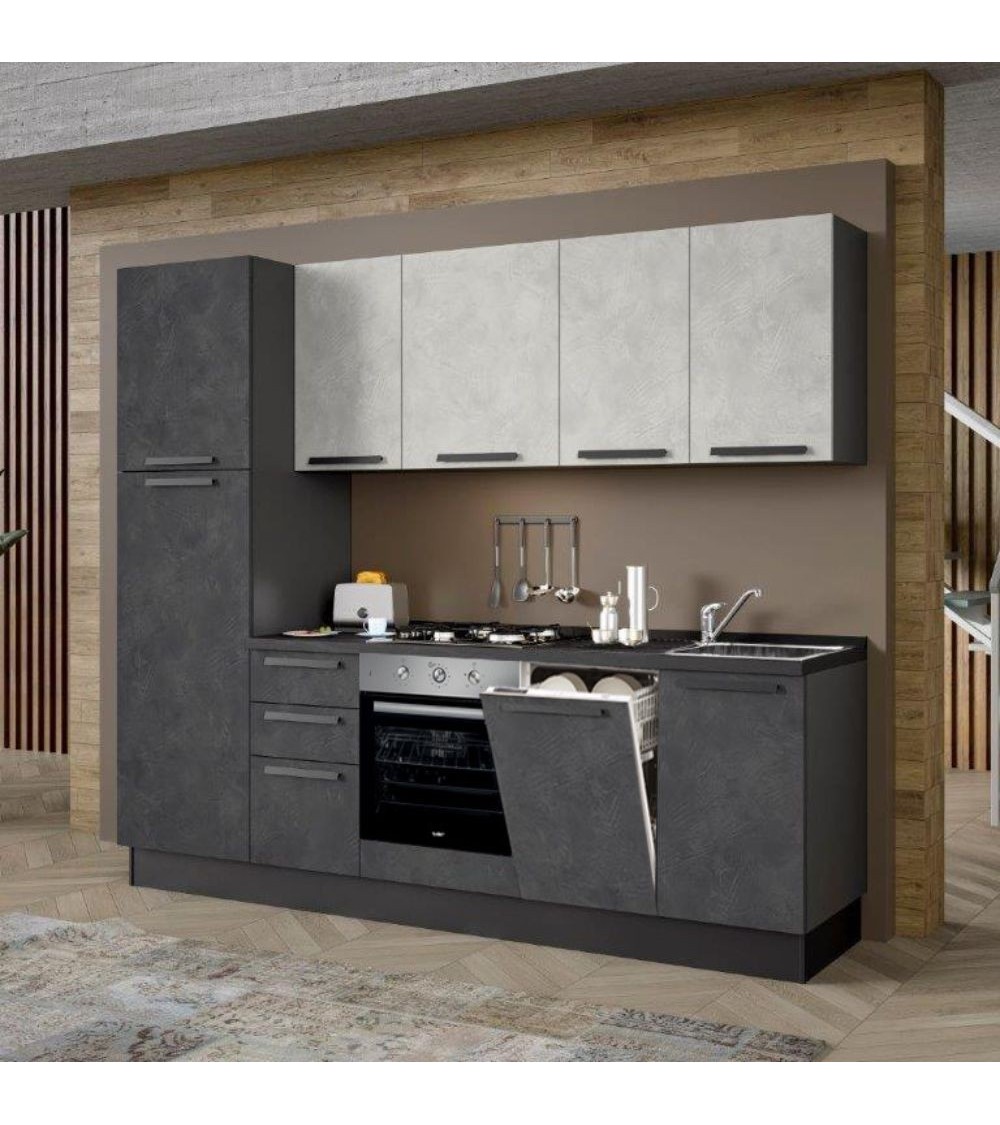 Cucina Licola 255x216 H reversibile colore iron e pensili spatolato con lavastoviglie