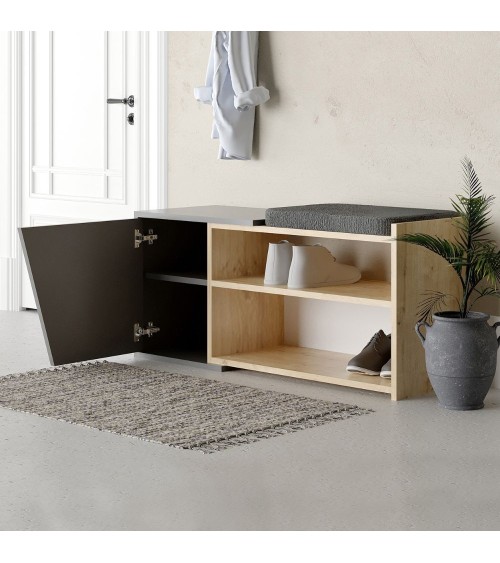 Panca scarpiera Fiona con struttura rovere e frontali antracite con cuscino