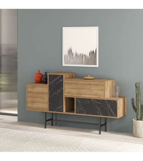 Madia Hermes colore hitit noce con ante e cassetti effetto marmo nero 160 cm