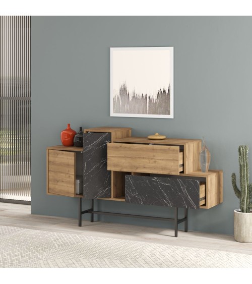 Madia Hermes colore hitit noce con ante e cassetti effetto marmo nero 160 cm