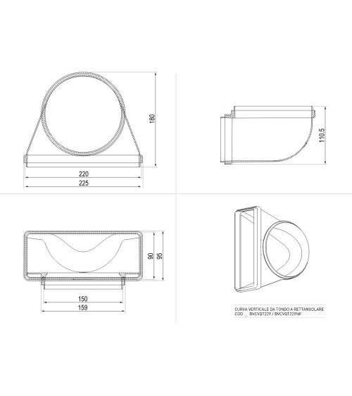 Curva verticale per cappe BVCVQT229 da tondo a rettangolare 22x9 cm
