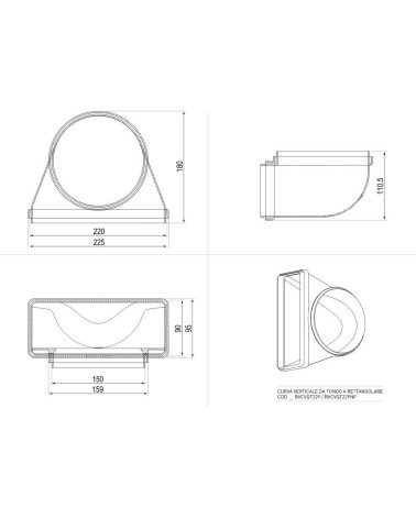 Curva verticale per cappe BVCVQT229 da tondo a rettangolare 22x9 cm