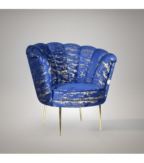 Poltrona Orel in velluto blu con fantasia oro Arya Gold 24 bordo blu e piedini oro