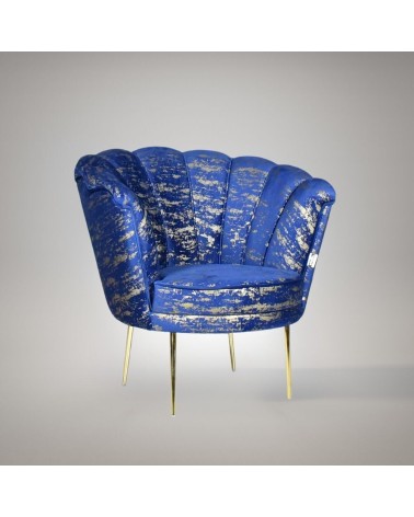 Poltrona Orel in velluto blu con fantasia oro Arya Gold 24 bordo blu e piedini oro