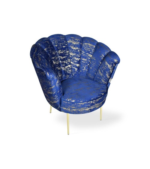 Poltrona Orel in velluto blu con fantasia oro Arya Gold 24 bordo blu e piedini oro