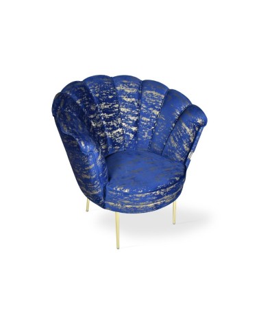 Poltrona Orel in velluto blu con fantasia oro Arya Gold 24 bordo blu e piedini oro