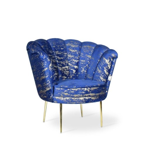Poltrona Orel in velluto blu con fantasia oro Arya Gold 24 bordo blu e piedini oro