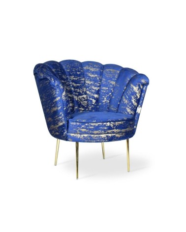 Poltrona Orel in velluto blu con fantasia oro Arya Gold 24 bordo blu e piedini oro