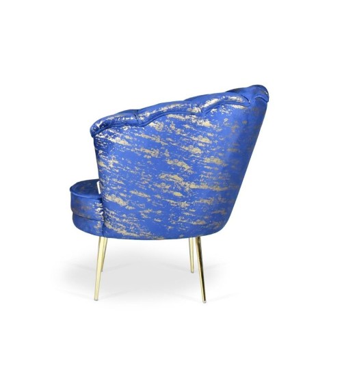 Poltrona Orel in velluto blu con fantasia oro Arya Gold 24 bordo blu e piedini oro