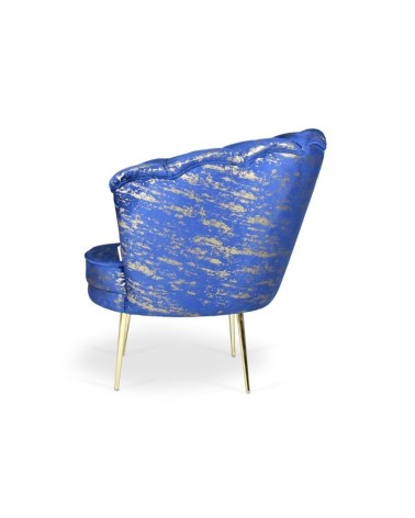 Poltrona Orel in velluto blu con fantasia oro Arya Gold 24 bordo blu e piedini oro