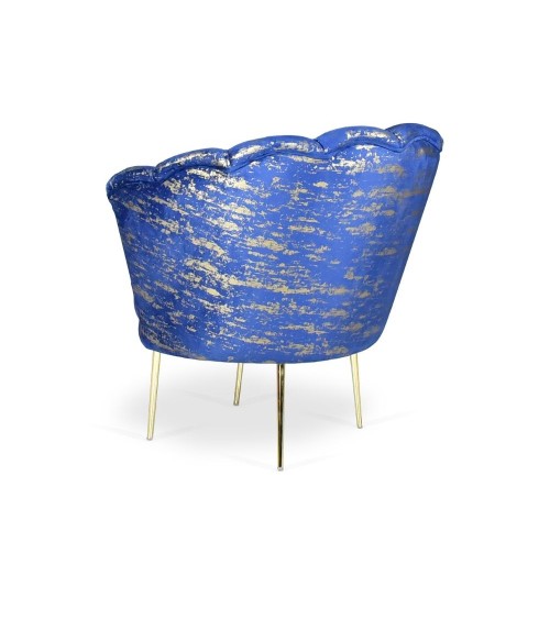 Poltrona Orel in velluto blu con fantasia oro Arya Gold 24 bordo blu e piedini oro