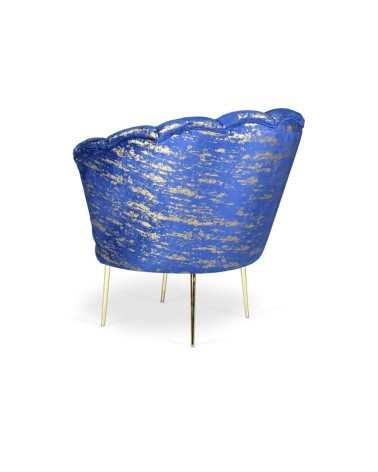 Poltrona Orel in velluto blu con fantasia oro Arya Gold 24 bordo blu e piedini oro