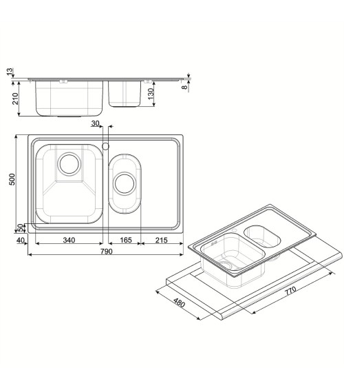 Lavello Smeg SP7915SN 79x50 cm 1+1/2 vasca con gocciolatoio sinistro acciaio inox nero