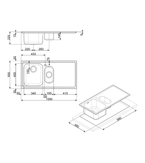 Lavello Smeg LL102S2 semifilo 100x50 cm 1+1/2 vasca con gocciolatoio sinistro inox