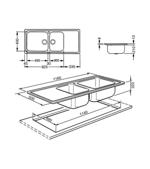 Lavello Smeg LGM116S inox 2 vasche con gocciolatoio sinistro microantigraffio 116x50 cm