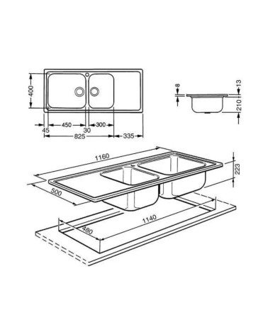 Lavello Smeg LGM116S inox 2 vasche con gocciolatoio sinistro microantigraffio 116x50 cm