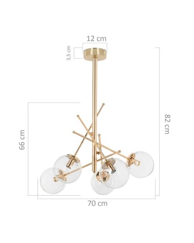 Lampada da soffitto Gondia ASZ1391 in metallo colore oro con 5 paralumi in vetro