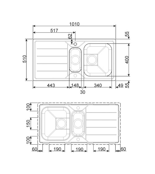 Lavello Smeg LFB102 inox 100x50 cm 1 + 1/2 vasca con gocciolatoio reversibile
