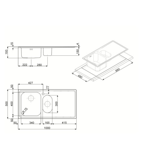 Lavello Smeg LE102S2 inox 1 + 1/2 vasca con gocciolatoio sinistro 100x50 cm.