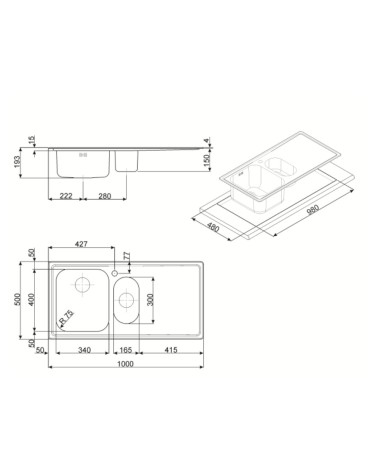 Lavello Smeg LE102S2 inox 1 + 1/2 vasca con gocciolatoio sinistro 100x50 cm.