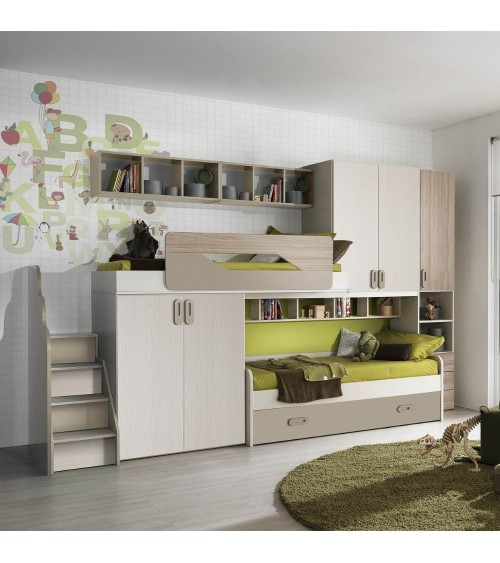Cameretta soppalco Milly con 3 letti colore talco verde e brown