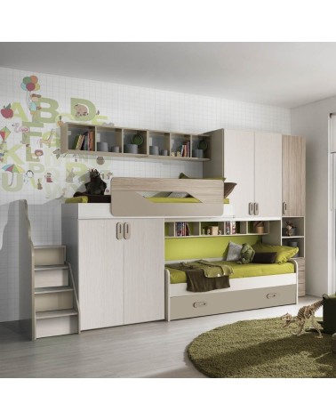 Cameretta soppalco Milly con 3 letti colore talco verde e brown
