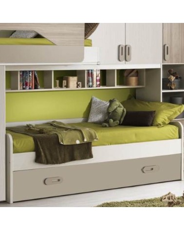 Cameretta soppalco Milly con 3 letti colore talco verde e brown