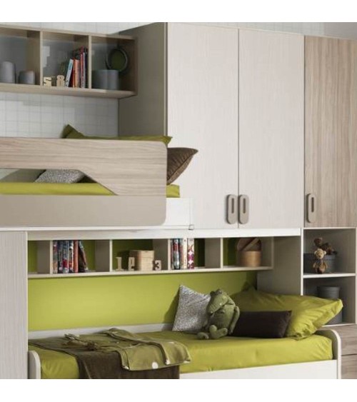 Cameretta soppalco Milly con 3 letti colore talco verde e brown
