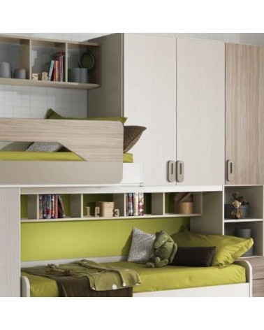 Cameretta soppalco Milly con 3 letti colore talco verde e brown