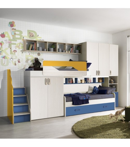 Cameretta soppalco Milly con 3 letti colore  kiri avio giallo