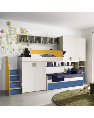 Cameretta soppalco Milly con 3 letti colore  kiri avio giallo