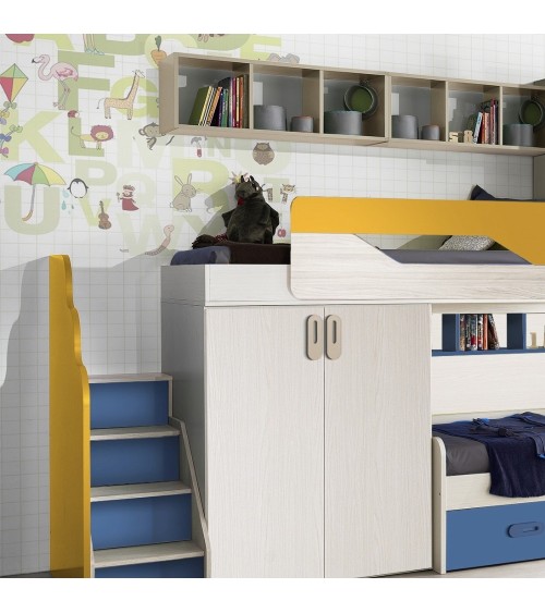 Cameretta soppalco Milly con 3 letti colore  kiri avio giallo