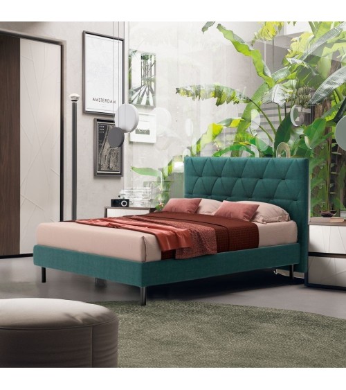 Letto Cody matrimoniale contenitore con testiera trapuntata colore turchese