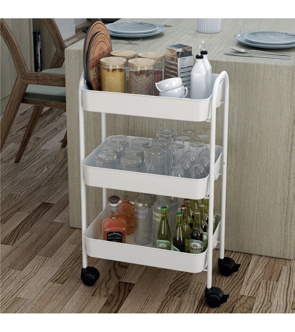Carrello service multiuso Tier 3 ripiani con rotelle in metallo bianco