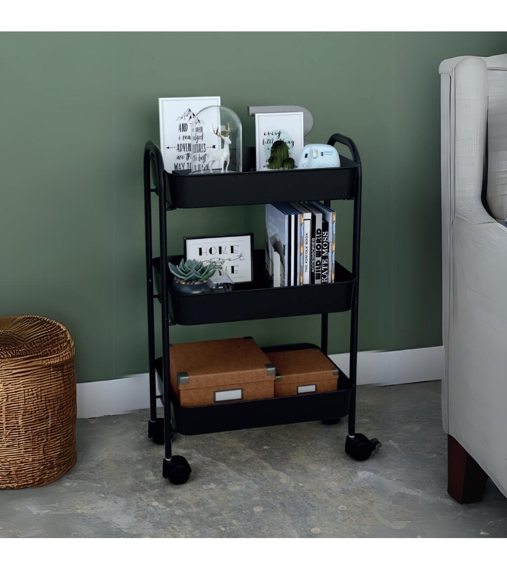 Carrello service multiuso Tier 3 ripiani con rotelle in metallo nero