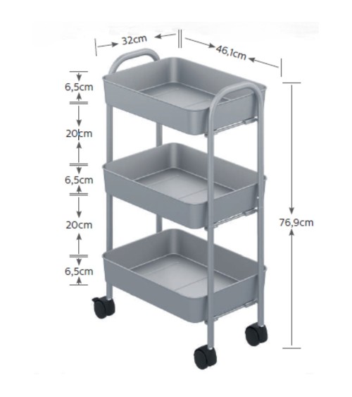Carrello service multiuso Tier 3 ripiani con rotelle in metallo nero