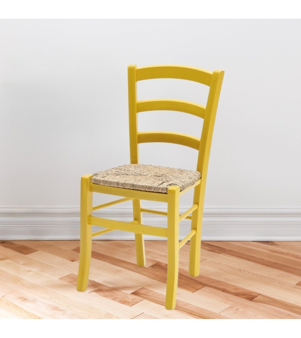 Sedia Venezia colore anilina giallo in legno di faggio con seduta in paglia set 2 pezzi