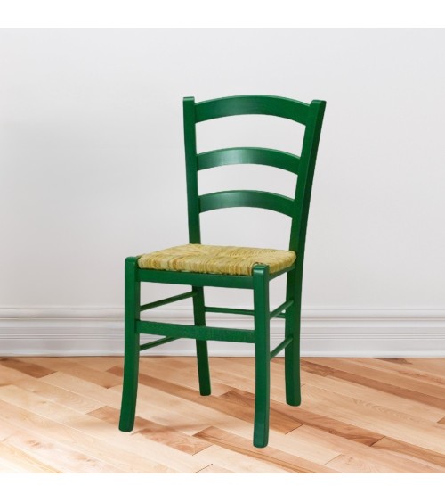 Sedia Venezia colore anilina verde scuro in legno di faggio con seduta in paglia set 2 pezzi