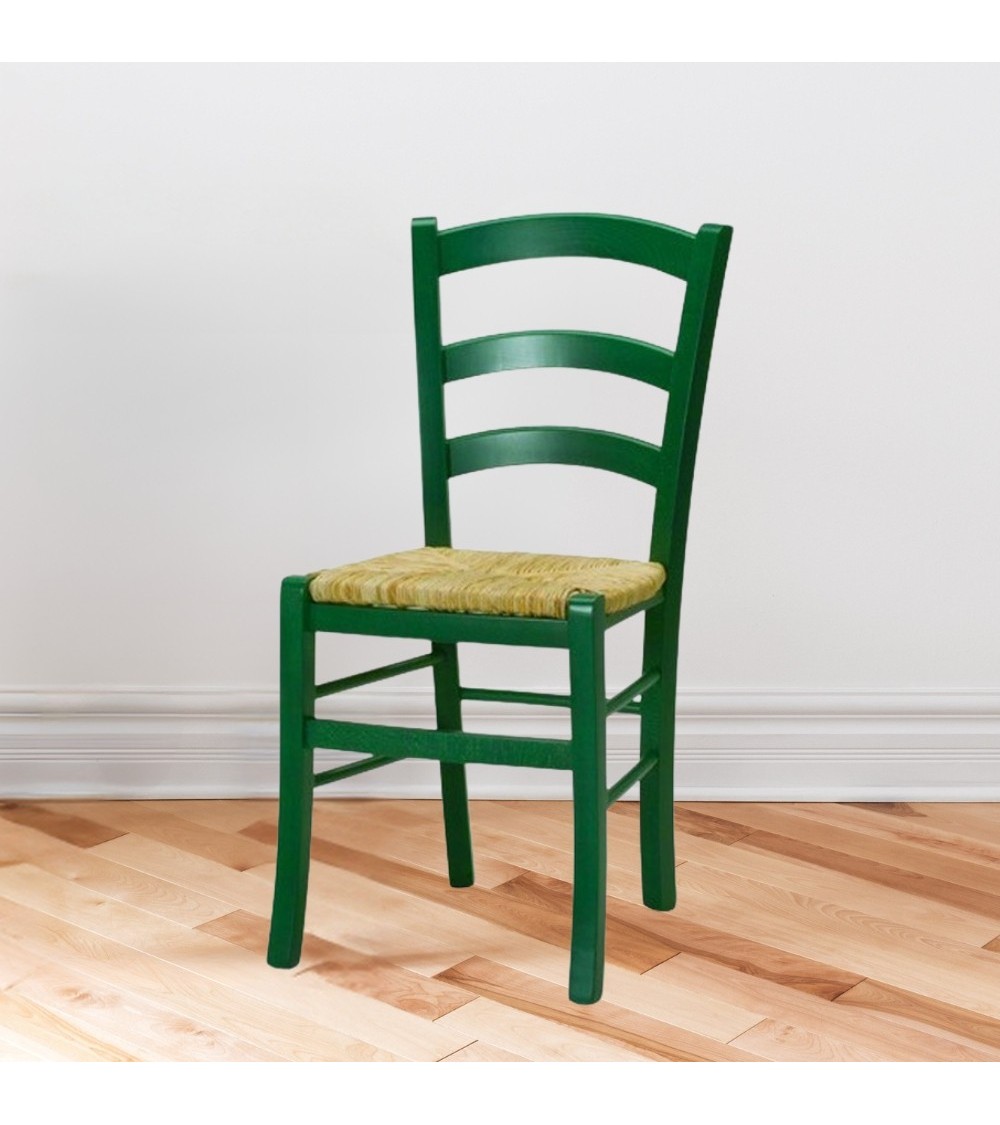 Sedia Venezia colore anilina verde scuro in legno di faggio con seduta in paglia set 2 pezzi