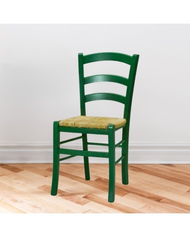 Sedia Venezia colore anilina verde scuro in legno di faggio con seduta in paglia set 2 pezzi