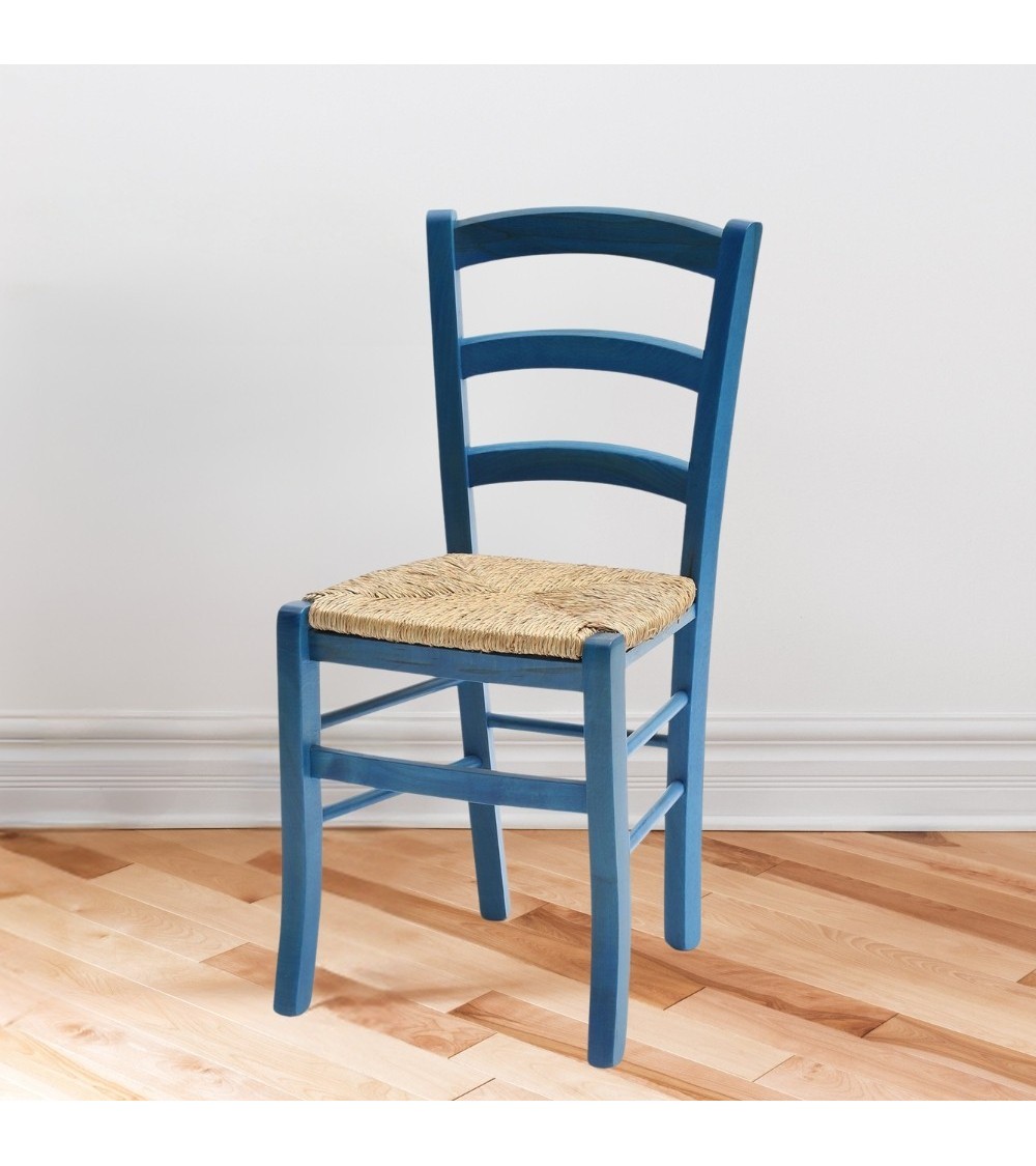 Sedia Venezia colore anilina celeste in legno di faggio con seduta in paglia set 2 pezzi