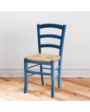 Sedia Venezia colore anilina celeste in legno di faggio con seduta in paglia set 2 pezzi