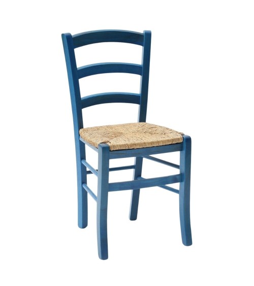 Sedia Venezia colore anilina celeste in legno di faggio con seduta in paglia set 2 pezzi