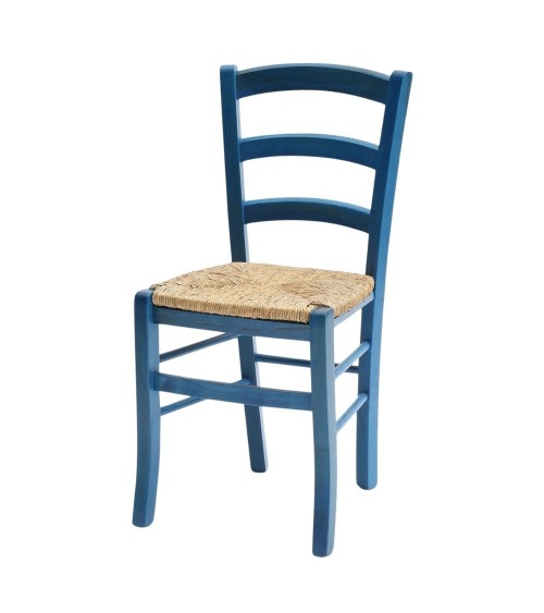 Sedia Venezia colore anilina celeste in legno di faggio con seduta in paglia set 2 pezzi