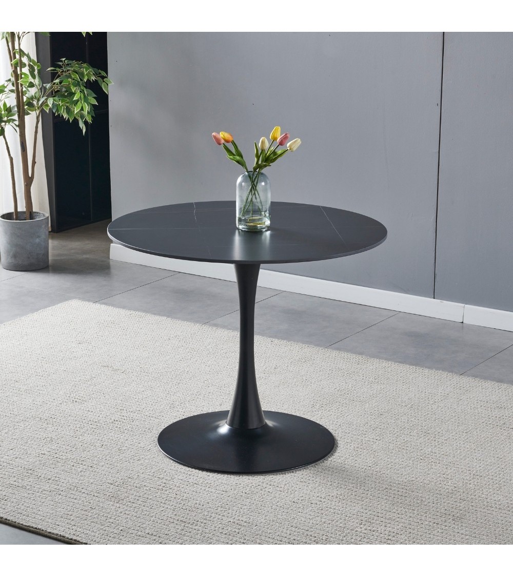 Tavolo rotondo Dot con piano in ceramica effetto marmo nero opaco con particolari oro e gamba nera