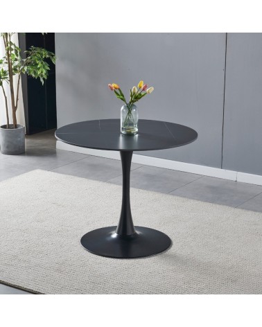 Tavolo rotondo Dot con piano in ceramica effetto marmo nero opaco con particolari oro e gamba nera