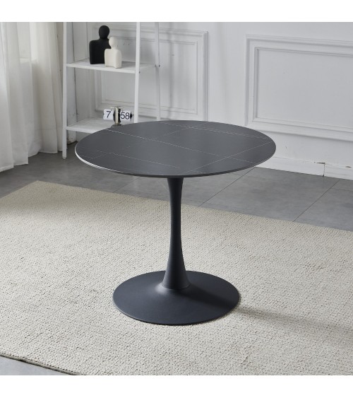 Tavolo rotondo Dot con piano in ceramica effetto marmo nero opaco con particolari oro e gamba nera
